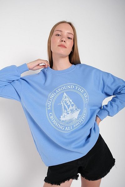 MODAGEN Hanorac oversize pentru damă Baby Blue Sailing Around imprimat cu gâtul turnat