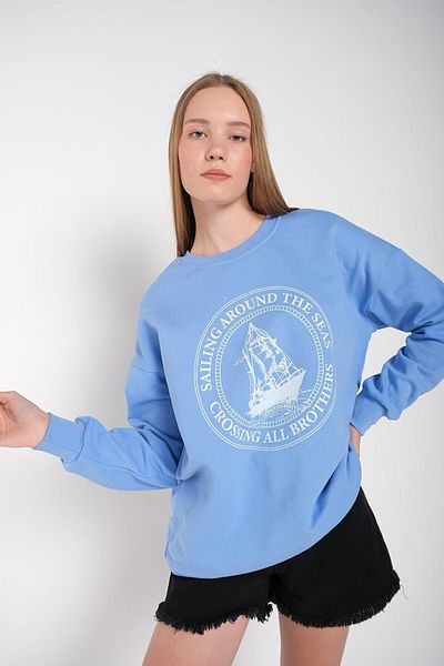 MODAGEN Hanorac oversize pentru damă Baby Blue Sailing Around imprimat cu gâtul turnat