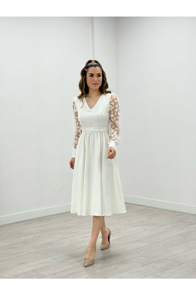 giyimmasalı Διπλό Υφασμάτινο Μανίκι 3D Floral Φόρεμα - Λευκό