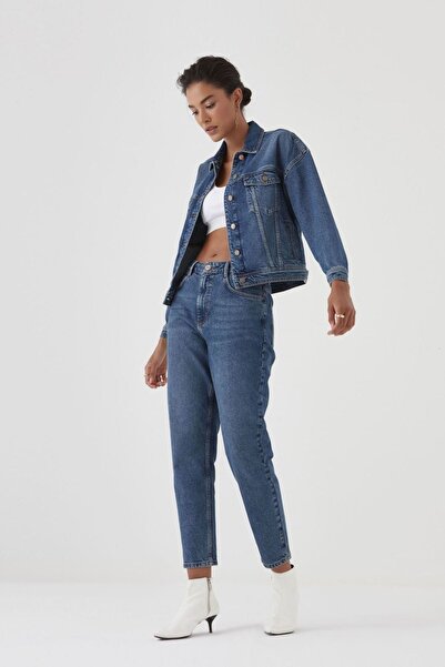 Pantamo Jeans Pantamo Orta Tonda Eskitilmiş Mavi Rahat Form Mont Women's Denı...