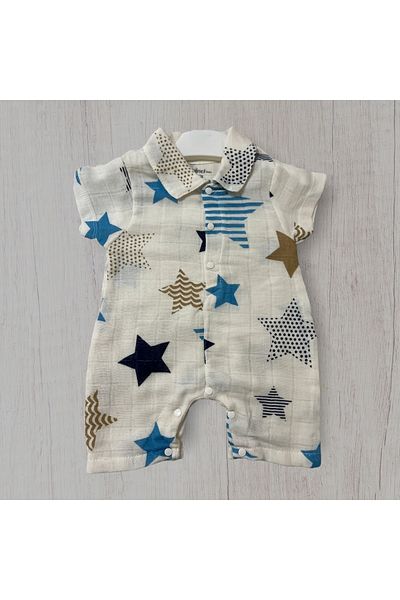 Jabi Star Patterned Muslin Collar Snap Fastener Barbatoz Baby Jumpsuit