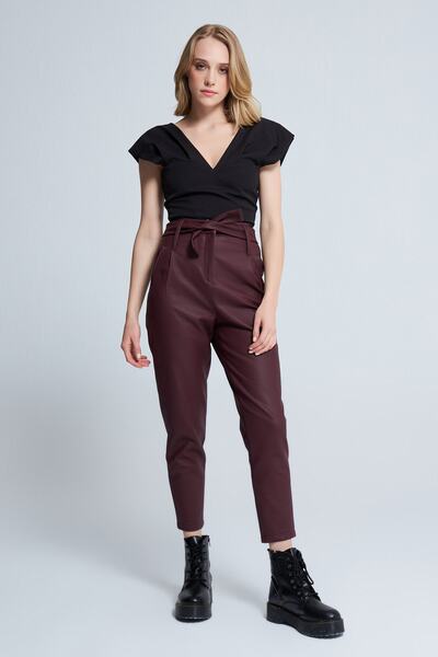 BERFUĞ KIRAN Deri Beli Kuşaklı Yüksek Bel Havuç Pantolon