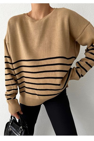 lovebox Women's Line Detail Crew Neck Long Sleeve Cream Knitwear Women's Sweater 0242