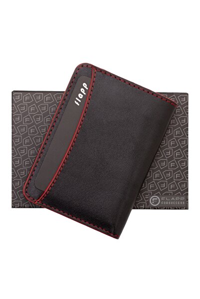 Flapp Hakiki Deri Rfıd Korumalı Kırmızı Kenarlı Mini Cüzdan Kartlık