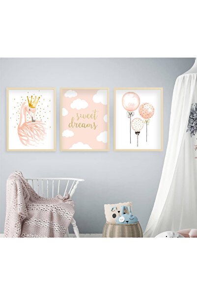 Ya&mu Tablosetleri 3 Adet 33 X 44cm Büyük Boy Ahşap Çerçeveli Bebek, Çocuk Od...