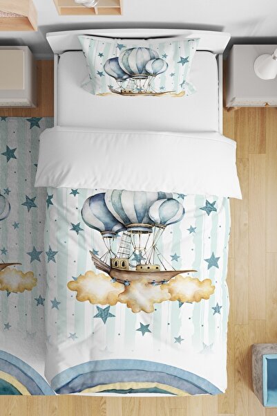 EVPANYA Balonlu Gemi Desenli Tek Kişilik Bebek Çocuk Nevresim Takımı