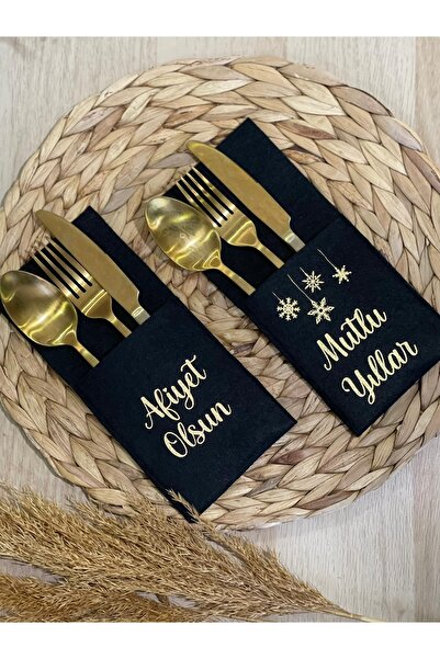 Lafarge Yılbaşı Sofrası | Dekoratif Keçe Kaşıklık-bıçaklık-çatallık | Siyah 4'lü Set