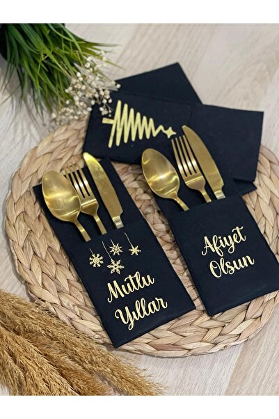 Lafarge Yılbaşı Sofrası | Dekoratif Keçe Kaşıklık-bıçaklık-çatallık | Siyah 4'lü Set