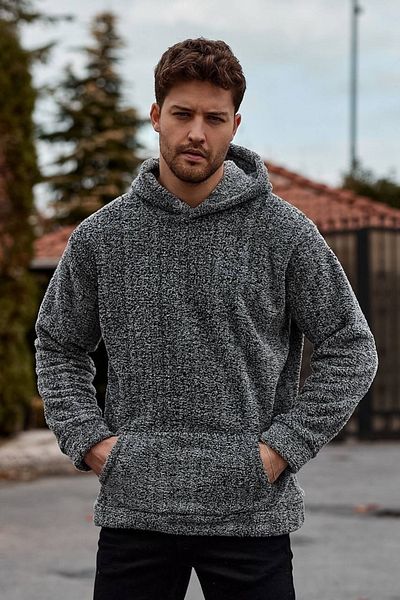 Buteks Ζακάρ Unisex Anthracite Grey Kangaroo Pocket Oversize Hooded Wellsoft Fleece βελούδινο Teddy φούτερ