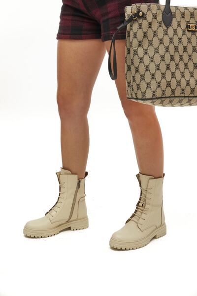 Cabra Blanca Postal Ekru Hakiki Deri Bot Kadın Tırtıklı Kaymaz Taban Bağcıklı Fermuarlı