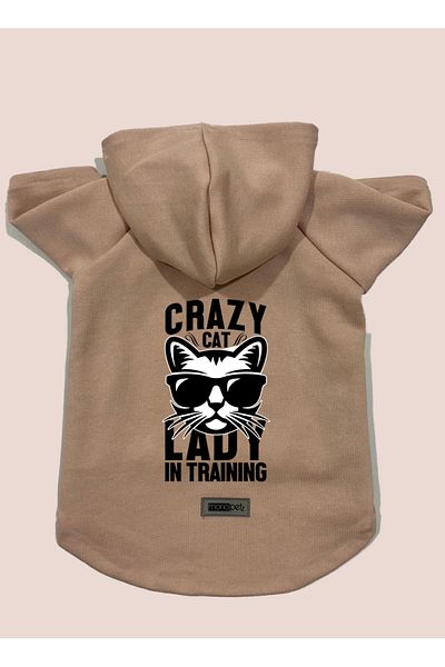 Monopetz Hooded Fleece Sweatshirt Dog And Cat Outfit & Dress - Beige Crazy Cat