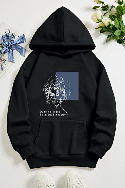 Trend Sizde Hanorac negru cu glugă cu imprimeu Dare Face Face față unisex