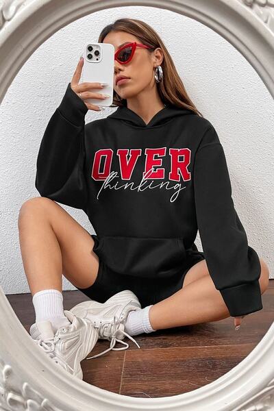 Trend Sizde Hanorac cu glugă cu imprimeu în față, unisex, negru