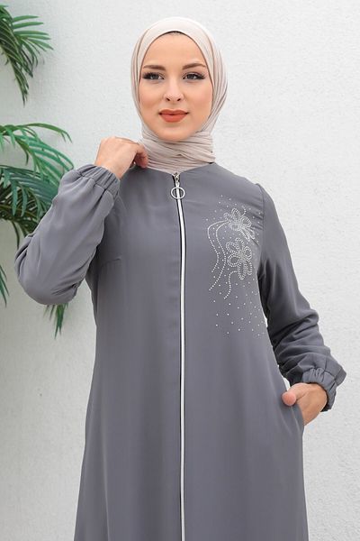 Modamihram Chiffon-Abendkleid mit Reißverschluss, Abaya, Anthrazit, 17300