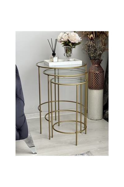 Dündarlar Meri Yuvarlak 3'lü Zigon Yan Sehpa Gold
