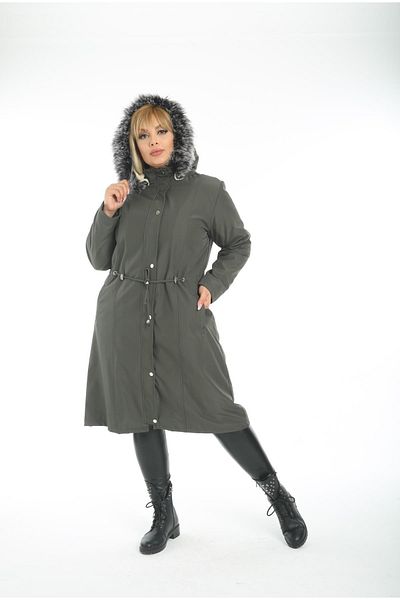 By Alba Collection Γυναικείο Μακρύ Ύφασμα Bondit Εσωτερικό Σγουρό Παλτό Χακί