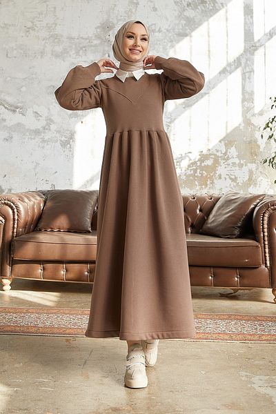 InStyle Elenor Balloon Sleeve Dress - Light Brown