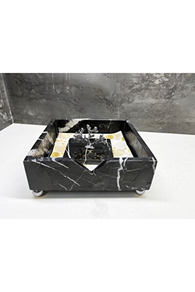 Modestmar Doğal Siyah Mermer Peçetelik Gümüş Mercan Objeli