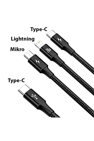 Baseus 1.5 Metre 20w 3in1 Type C, Iphone Lightning Ve Micro Ultra Hızlı Şarj Ve Data Kablosu