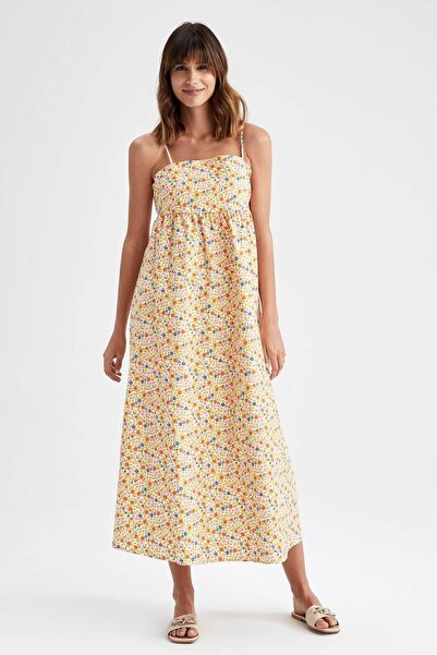 DeFacto A Kesim Kare Yaka Floral Askılı Poplin Maxi Dokuma %100 Pamuk Elbise