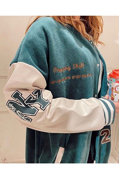 VOLT CLOTHİNG Unisex Green Crystal 1989 Oversize Fleece College Jacket