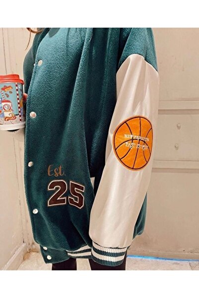 VOLT CLOTHİNG Unisex Green Crystal 1989 Oversize Fleece College Jacket