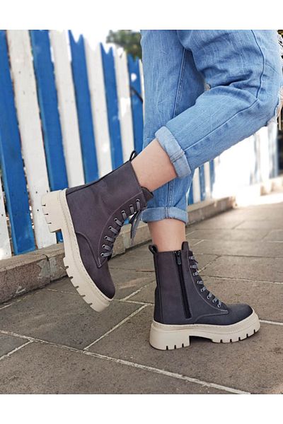 GDT Ayakkabı Γκρι Suede Lace Up Γυναικείες Μπότες με φερμουάρ