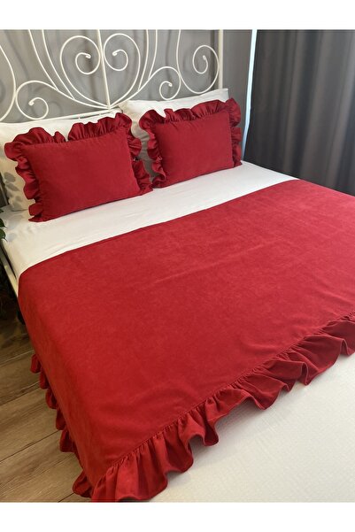 Decamor home Kırmızı Fırfırlı Yatak Runner Ve Kırlent Yatak Şalı Yatak Örtüsü Set Tek Kişilik