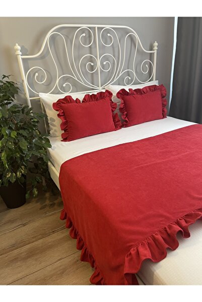 Decamor home Kırmızı Fırfırlı Yatak Runner Ve Kırlent Yatak Şalı Yatak Örtüsü Set Tek Kişilik