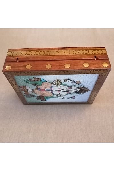 Butik Tülin Authentic Rosewood Multi-Colored Sand God Ganeş Illustrated Glass Velvet Brass Decorated Box