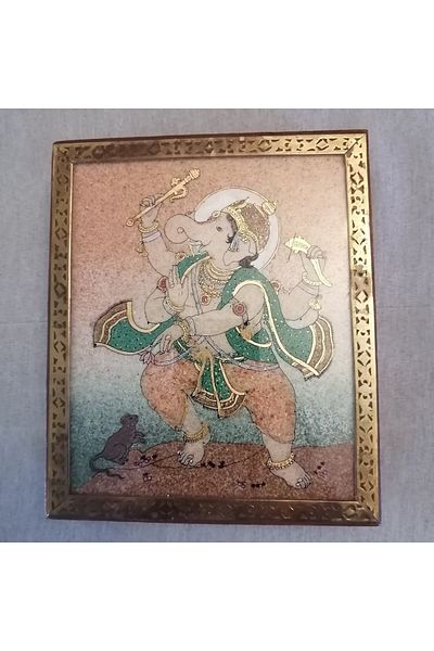 Butik Tülin Authentic Rosewood Multi-Colored Sand God Ganeş Illustrated Glass Velvet Brass Decorated Box