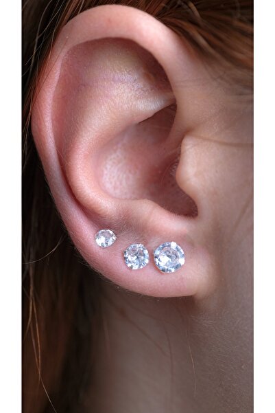 Siya Silver 925 Ayar Gümüş Pırlanta Montürlü 3 Boy Tektaş Küpeler