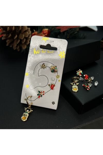 Le Petite Lalique Yılbaşı Noel Temalı Kıstırmalı Piercingli Küpe Seti