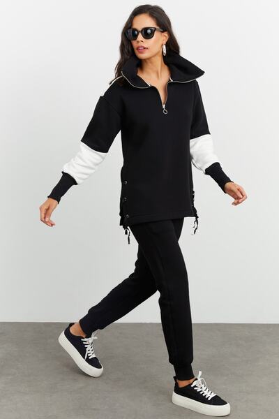 Cool & Sexy Schwarzes Trainingsanzug-Set mit seitlicher Schnürung für Damen iZ505