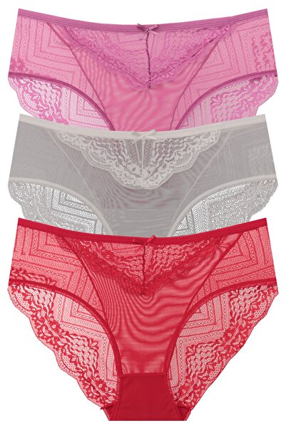 papatya lingerie 3'' Front Tulle and Lace Mixed Back Leg Lace Detailed Panties