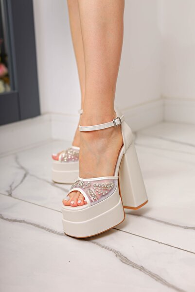 Gelinlik Ayakkabıcım Nakış Detaylı Çift Platform Sedef Gelinlik Ayakkabısı - Ganakısvers