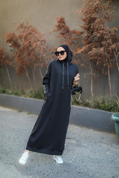 NS Moda Women's Hooded Scuba Dress Black Model-478