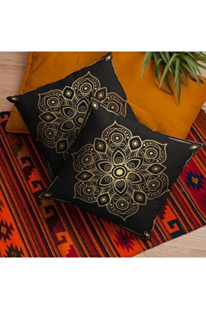 ALAMODECOR Set de 2 huse de pernă decorativă cu flori mandala de culoare neagră auriu | Set de cu imprimeu fețe de pernă