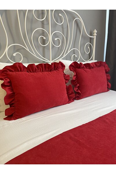 Decamor home Kırmızı Fırfırlı Yatak Runner 2 Li Kırlent Seti Yatak Şalı Set Çift Kişilik 3 PARÇA