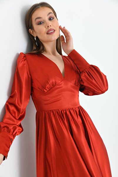 Tangül&Ali'S Moda Evi Tarçın Saten Uzun Elbise