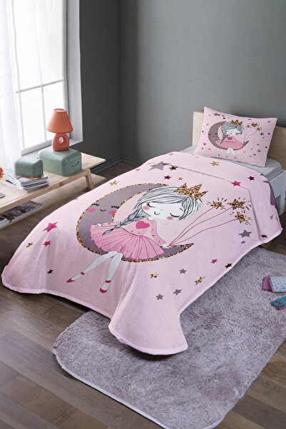EVPANYA Pembe Aydaki Prenses Desenli Tek Kişilik Yatak Örtüsü Ve Pike Takımı