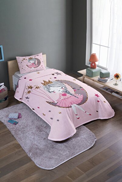 EVPANYA Pembe Aydaki Prenses Desenli Tek Kişilik Yatak Örtüsü Ve Pike Takımı
