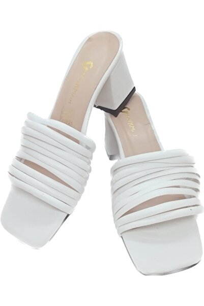 halkmar Women's White Striped Heeled Slippers