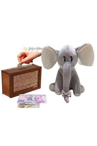 Şeker Adası Sevimli Fil 20 Cm Peluş Ve Ahşap 10.000 Hedefli Kumbara Para Biri...