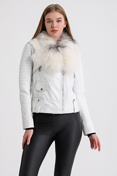 Leather Club Beyaz Aksesuarlı Deri Ceket