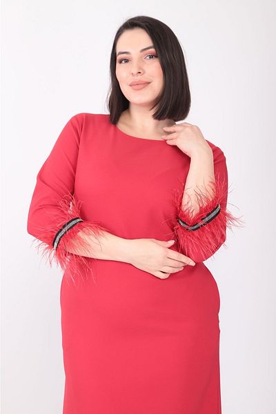 etselements X Modapo Women's Solid Color Crew Neck Sleeve Feather Midi Plus Size Dress
