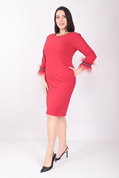 etselements X Modapo Women's Solid Color Crew Neck Sleeve Feather Midi Plus Size Dress