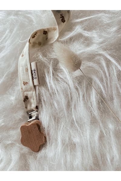 GOER STORE Natural Wooden Flower Detailed Cream Vintage 100% Cotton Fabric Baby Pacifier Strap