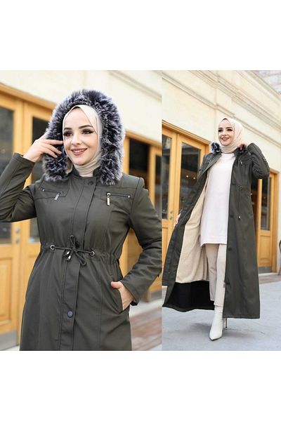 KMKkombin Oversized Plus Size Women's Overcoat & Coat, Fastened at the Waist, with Snap Fasteners and Zipper Detail, and Fully Fur Inside