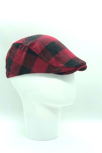 Hoppe Men's Burgundy Plaid Wool Hooligan Cap Hat